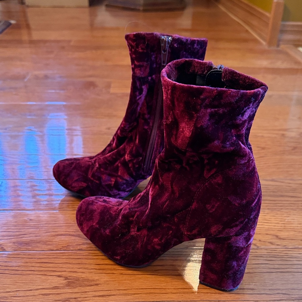 MIA Velvet Heeled Boots in a rich Burgundy color.